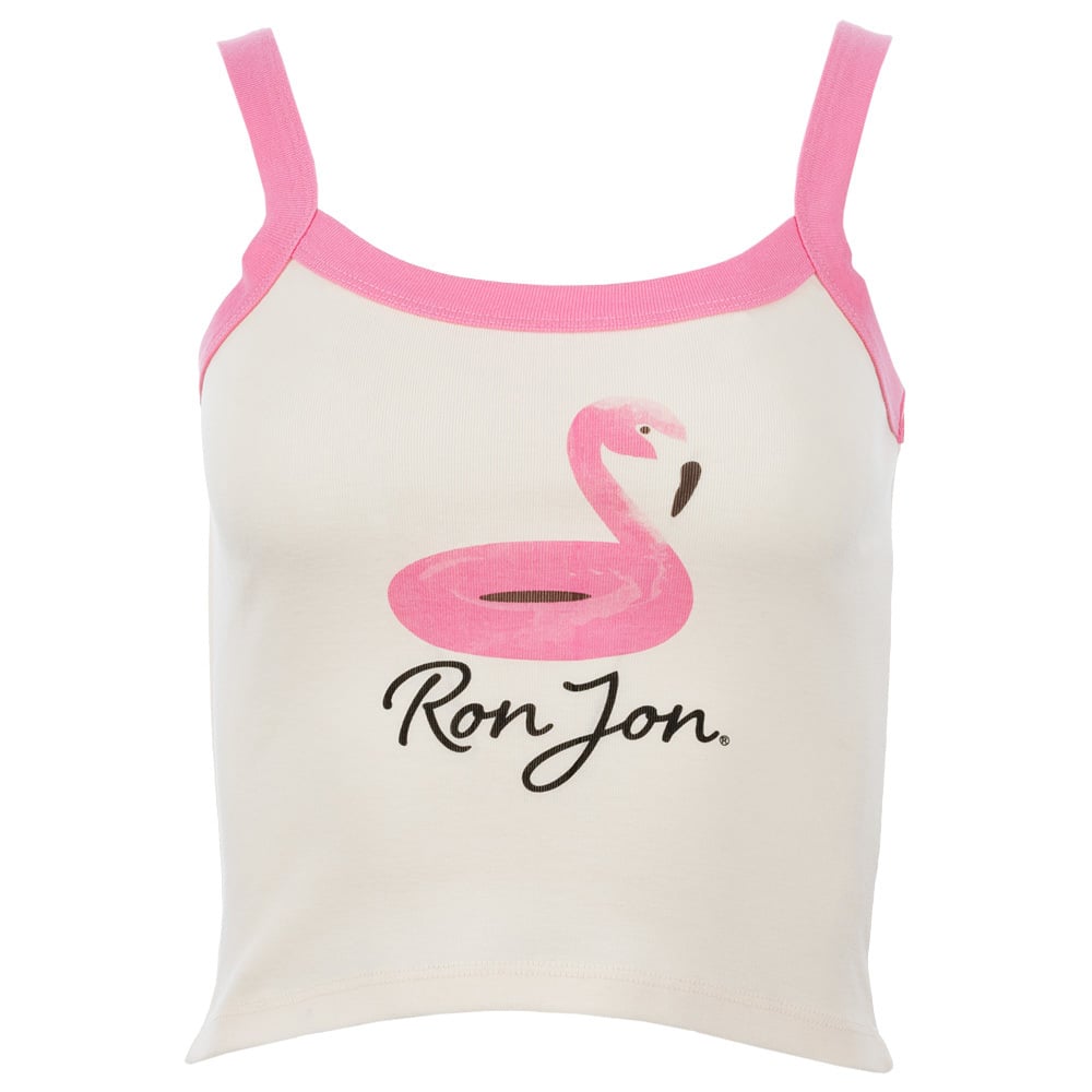 Cream tank top with pink trim featuring a graphic of a pink flamingo pool float and the text Ron Jon in black script below the graphic.