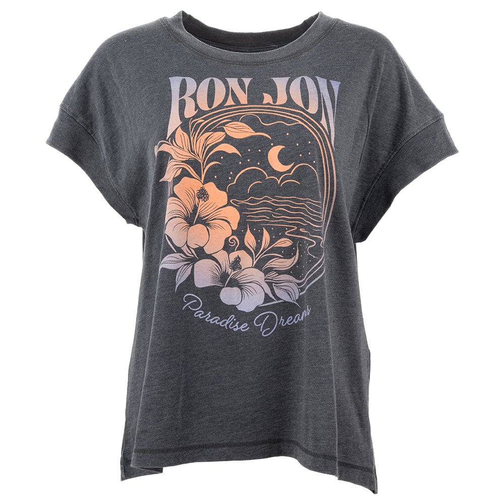 Gray T-shirt featuring a beach scene with flowers, a crescent moon, and waves. Text reads Ron Jon and Paradise Dreams in stylized fonts.