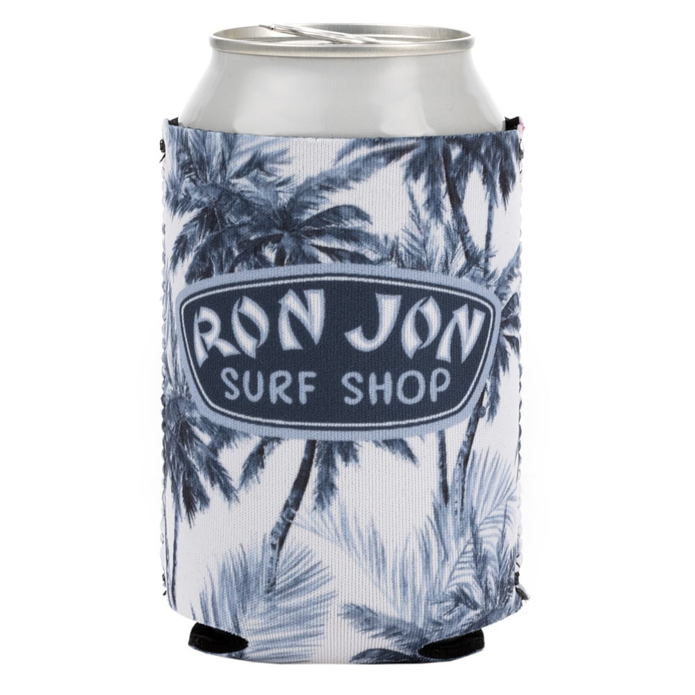 A can in a Ron Jon Surf Shop branded koozie with a dark blue and white palm tree design.