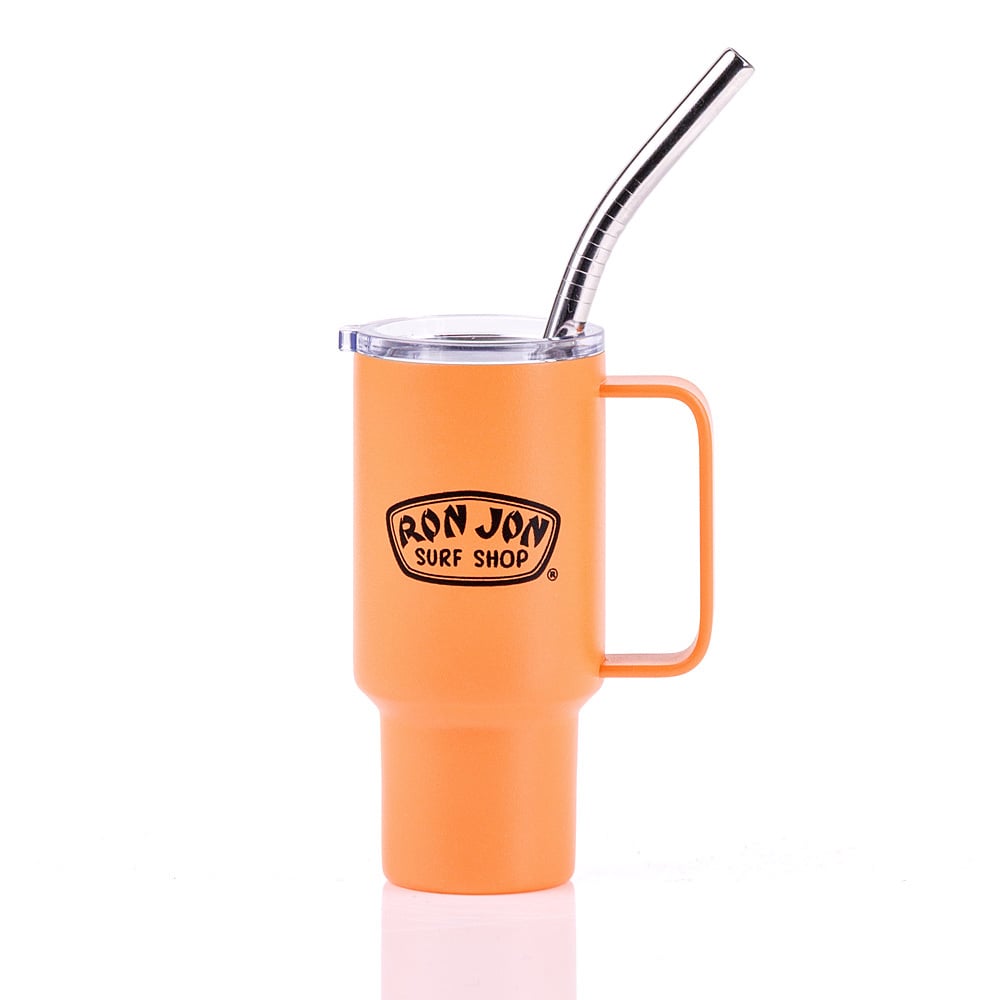 Orange mug with a handle featuring the Ron Jon Surf Shop logo, a clear lid, and a metal straw.