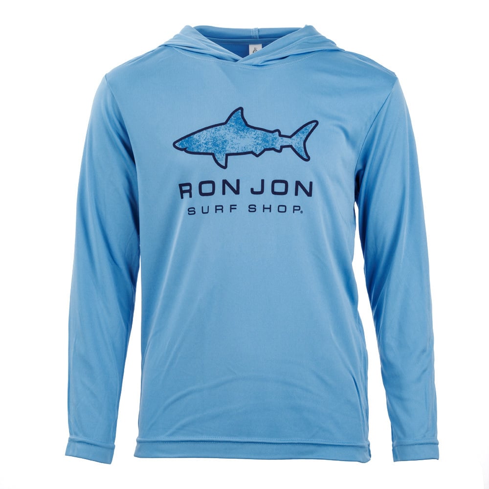 Light blue long-sleeve hoodie featuring a shark graphic and the text Ron Jon Surf Shop on the front.