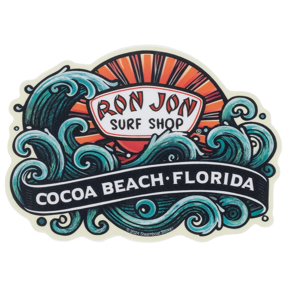 Sticker featuring Ron Jon Surf Shop with sun rays, waves, and the text Cocoa Beach, Florida in bold letters.