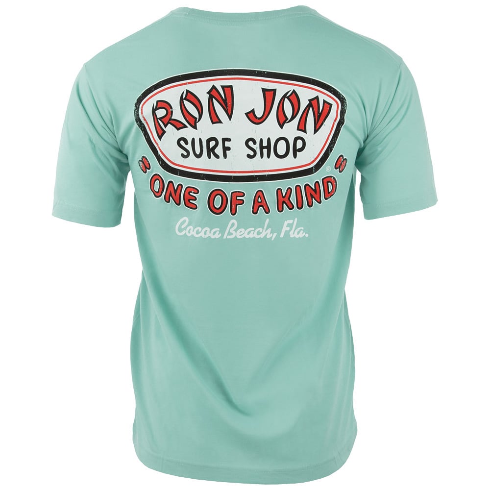 Back view of a sea foam T-shirt featuring a large Ron Jon Surf Shop logo and the text One of a Kind, Cocoa Beach, Fla.