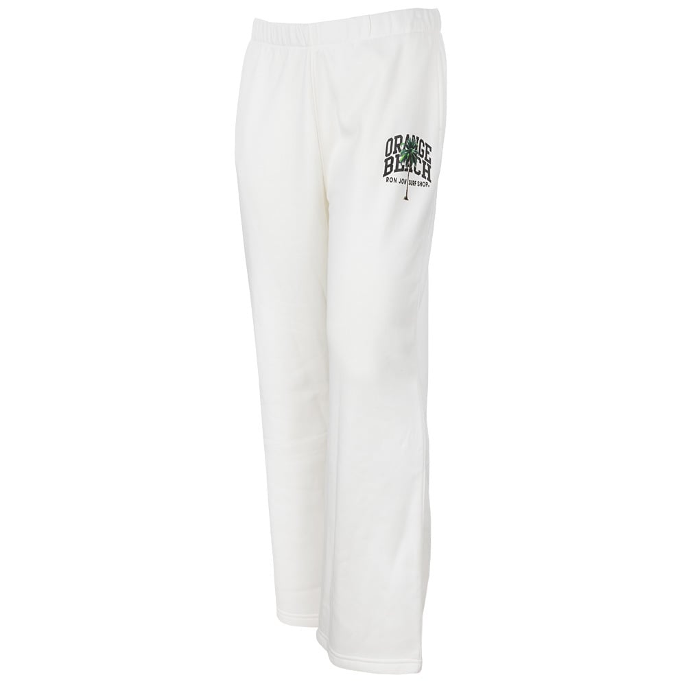 White fleece sweatpants with an elastic waistband and ORANGE BEACH text and graphics printed in green and black on the upper left thigh.