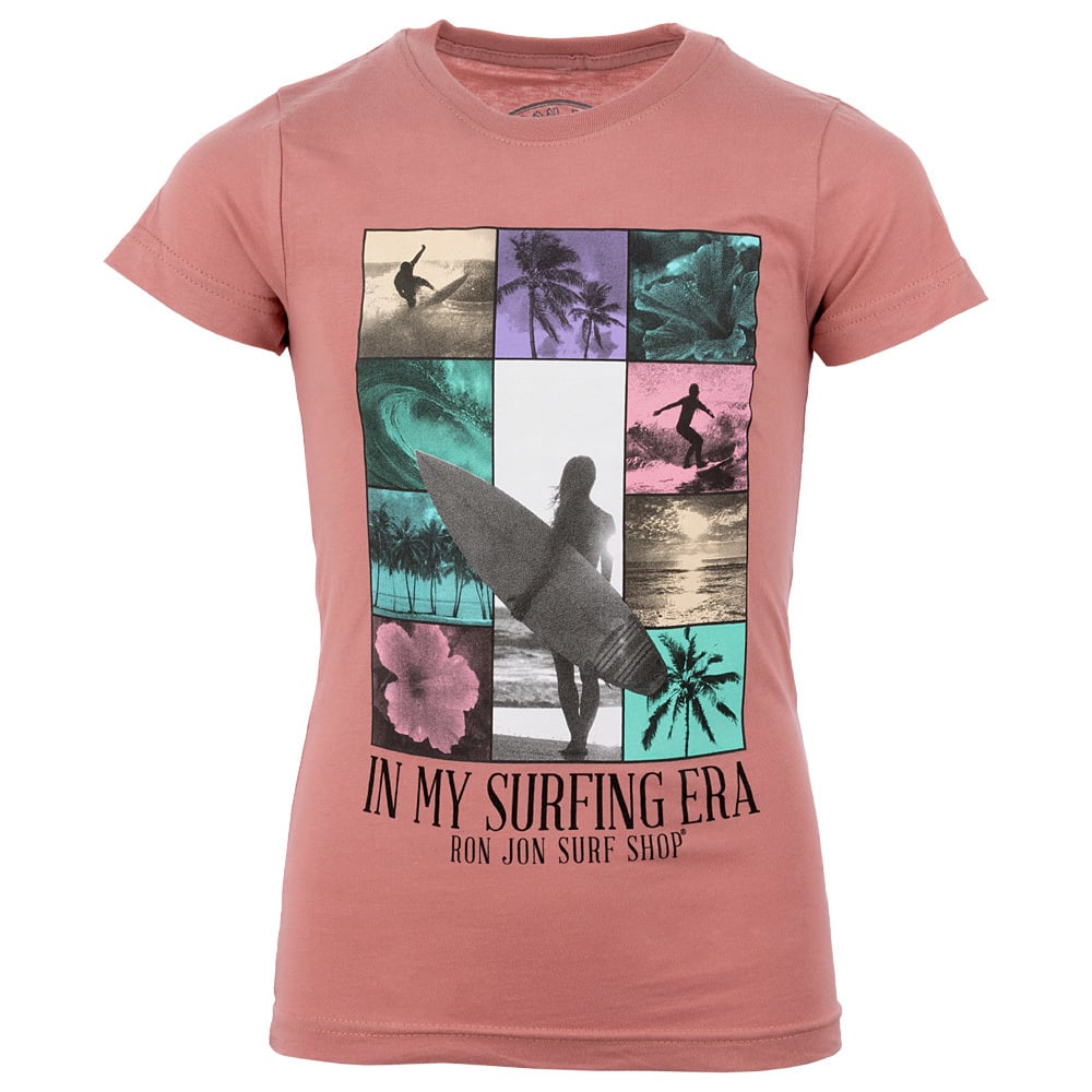 A pink t-shirt featuring a collage of surfing-themed images and text that reads In My Surfing Era, Ron Jon Surf Shop.