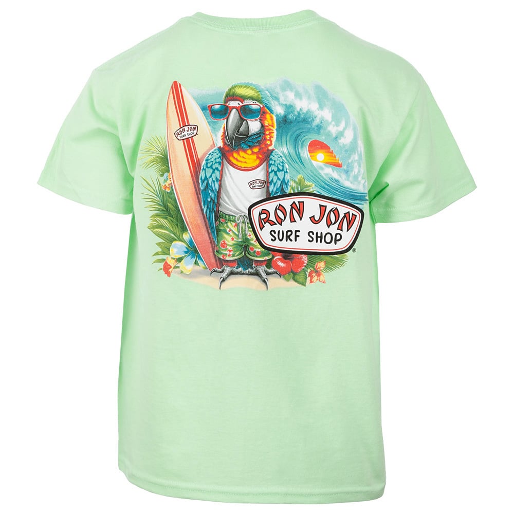 T-shirt with a colorful design of a parrot wearing sunglasses, holding a surfboard at a beach with a sunset. Text reads Ron Jon Surf Shop.