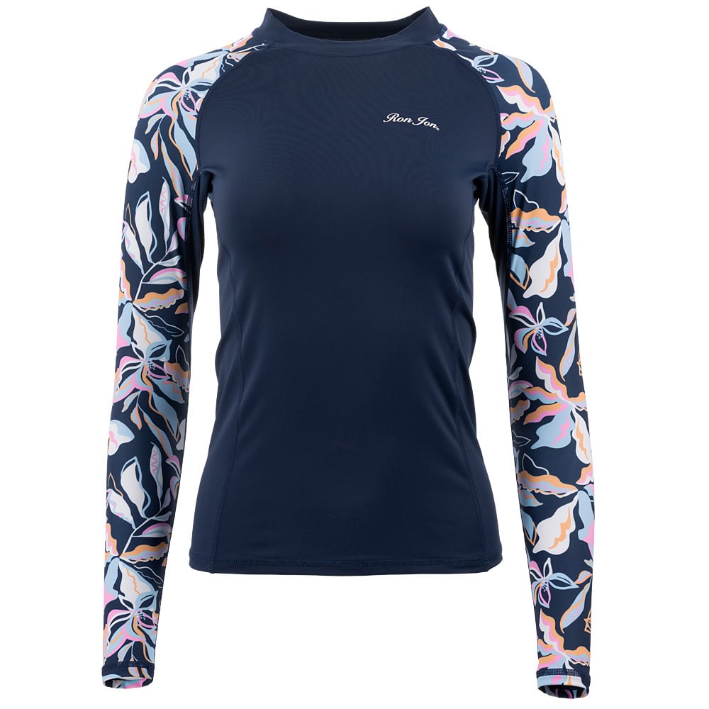 Long-sleeve navy and floral rash guard with multicolored patterns on the arms and shoulders, featuring a small logo on the front.