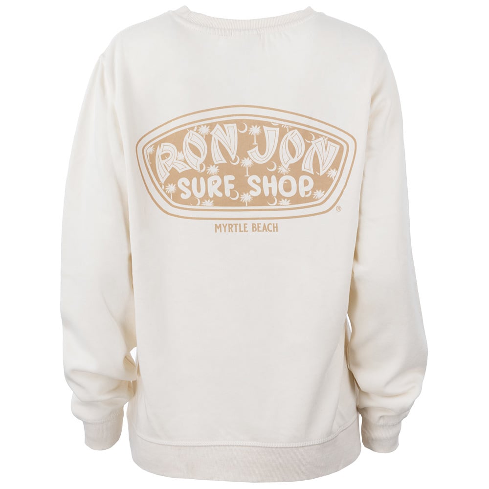 A off white sweatshirt featuring a large brown Ron Jon Surf Shop Myrtle Beach logo on the back.