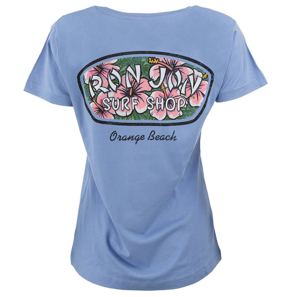 Blue T-shirt with Ron Jon Surf Shop logo and pink hibiscus flowers on the back, with Orange Beach text below.