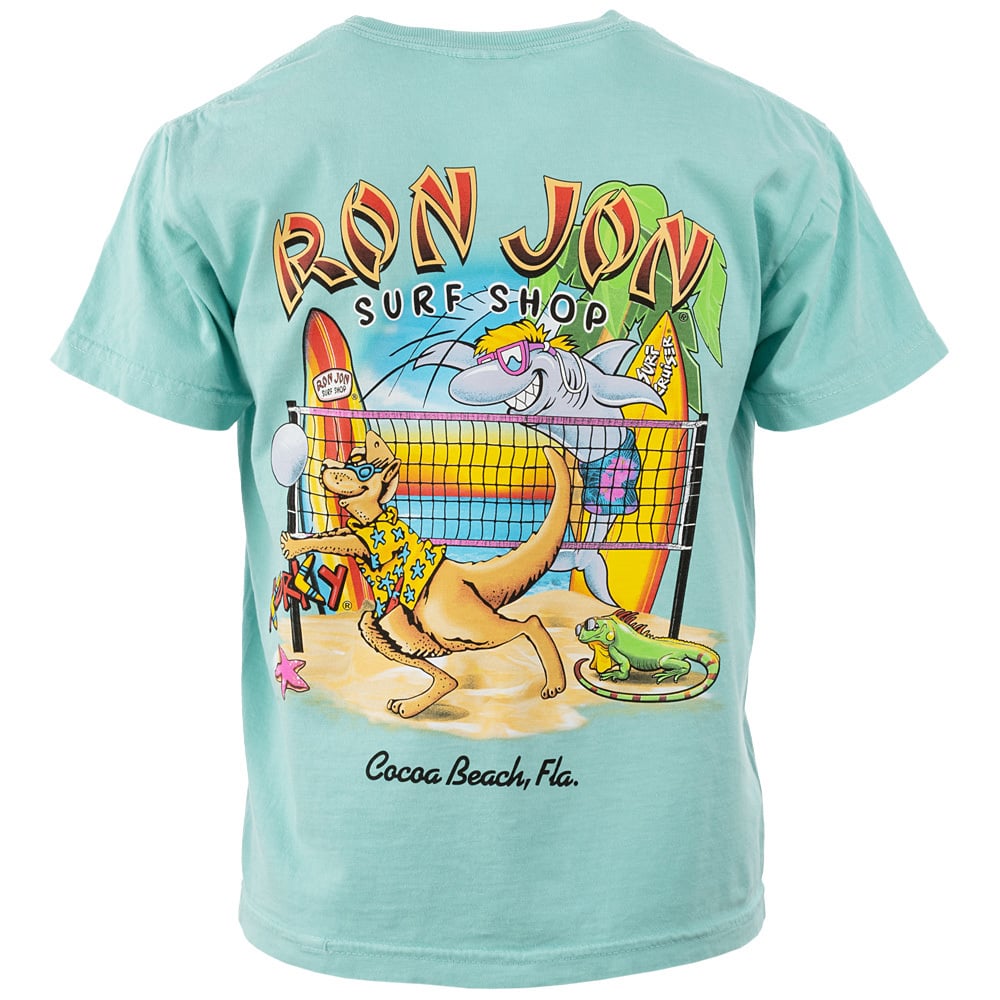 Aqua T-shirt featuring a cartoon kangaroo and shark playing beach volleyball with “Ron Jon Surf Shop” and “Cocoa Beach, Fla.” text.