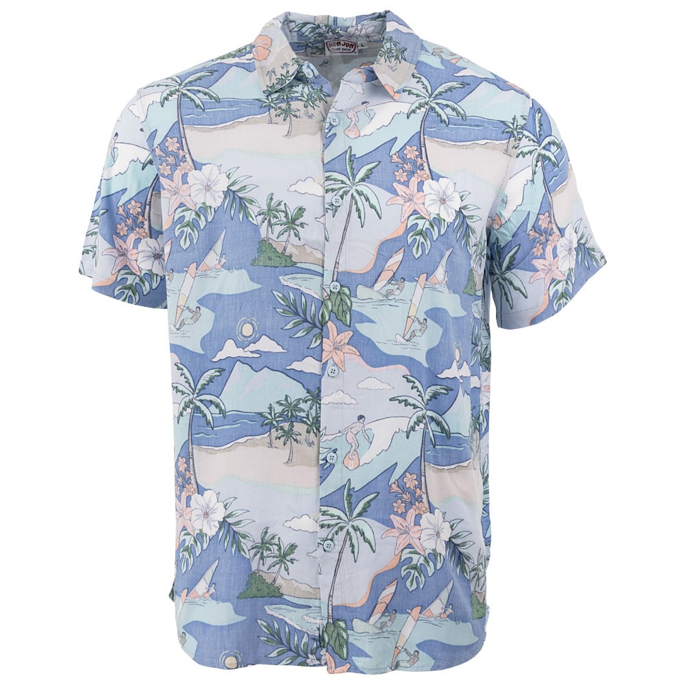 Short-sleeve button-up shirt with a tropical beach print in blue, white, and sand colors, featuring palm trees and ocean waves.