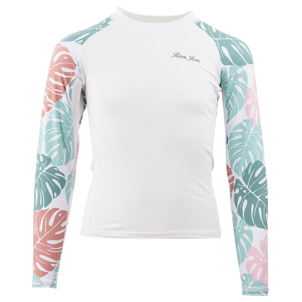 White long-sleeve rash guard with pastel pink and teal leaf patterns on sleeves. Small logo text on left chest.