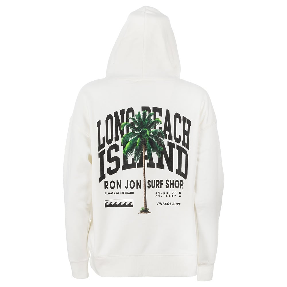 A White hoodie with hood up, featuring Long Beach Island and a palm tree graphic on the back, along with Ron Jon Surf Shop and additional text.