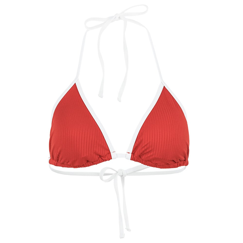 Red and white triangle bikini top with ties at the neck and back.
