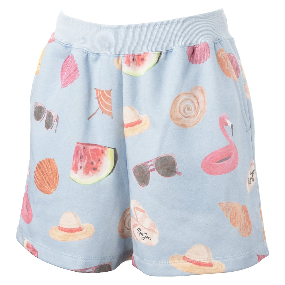 Blue shorts with a beach-themed pattern featuring pink flamingos, sunglasses, seashells, citrus slices, hats, and the text Ron Jon.