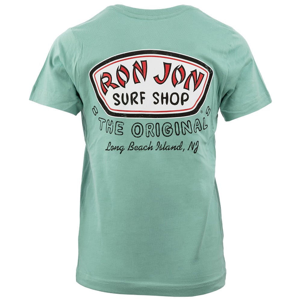 Back of a teal T-shirt featuring a red and white Ron Jon Surf Shop logo and The Original, Long Beach Island, NJ text.
