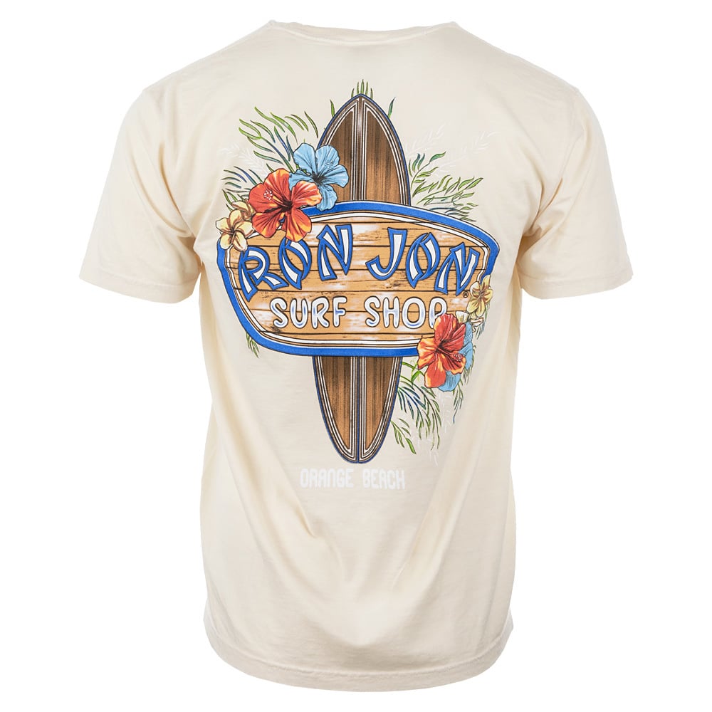 Beige T-shirt featuring a Ron Jon Surf Shop logo with a surfboard and colorful flowers.