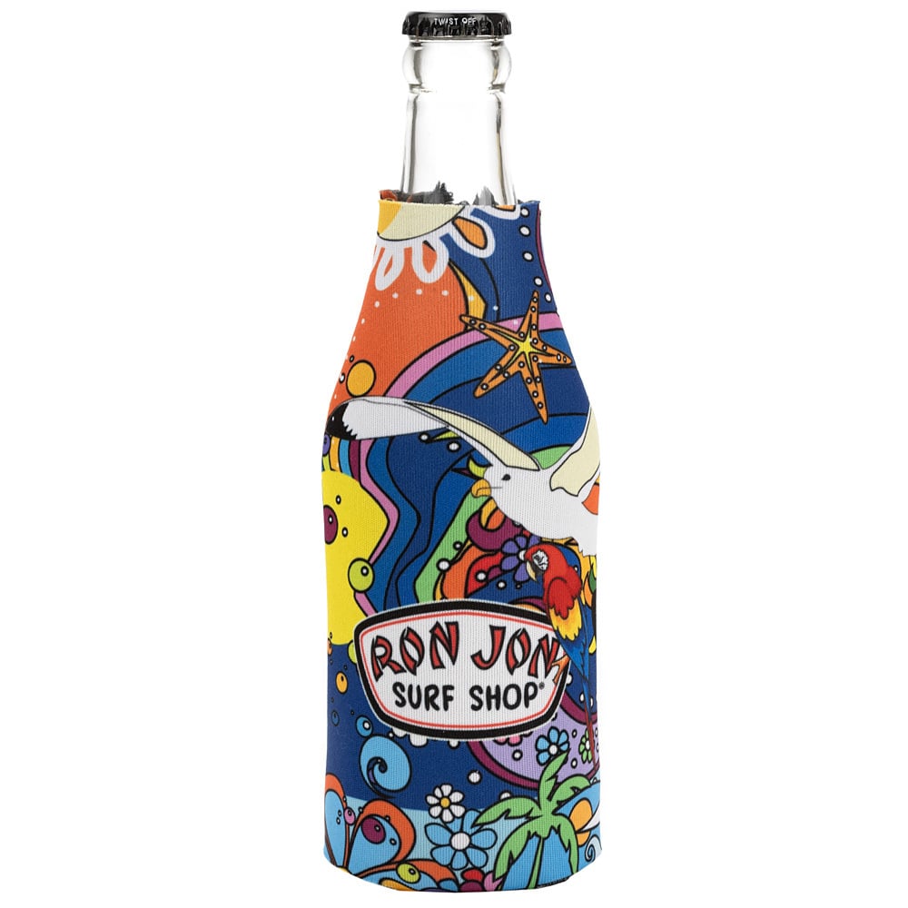 A glass bottle in a colorful Ron Jon Surf Shop sleeve featuring a seagull, starfish, and beach-themed graphics.
