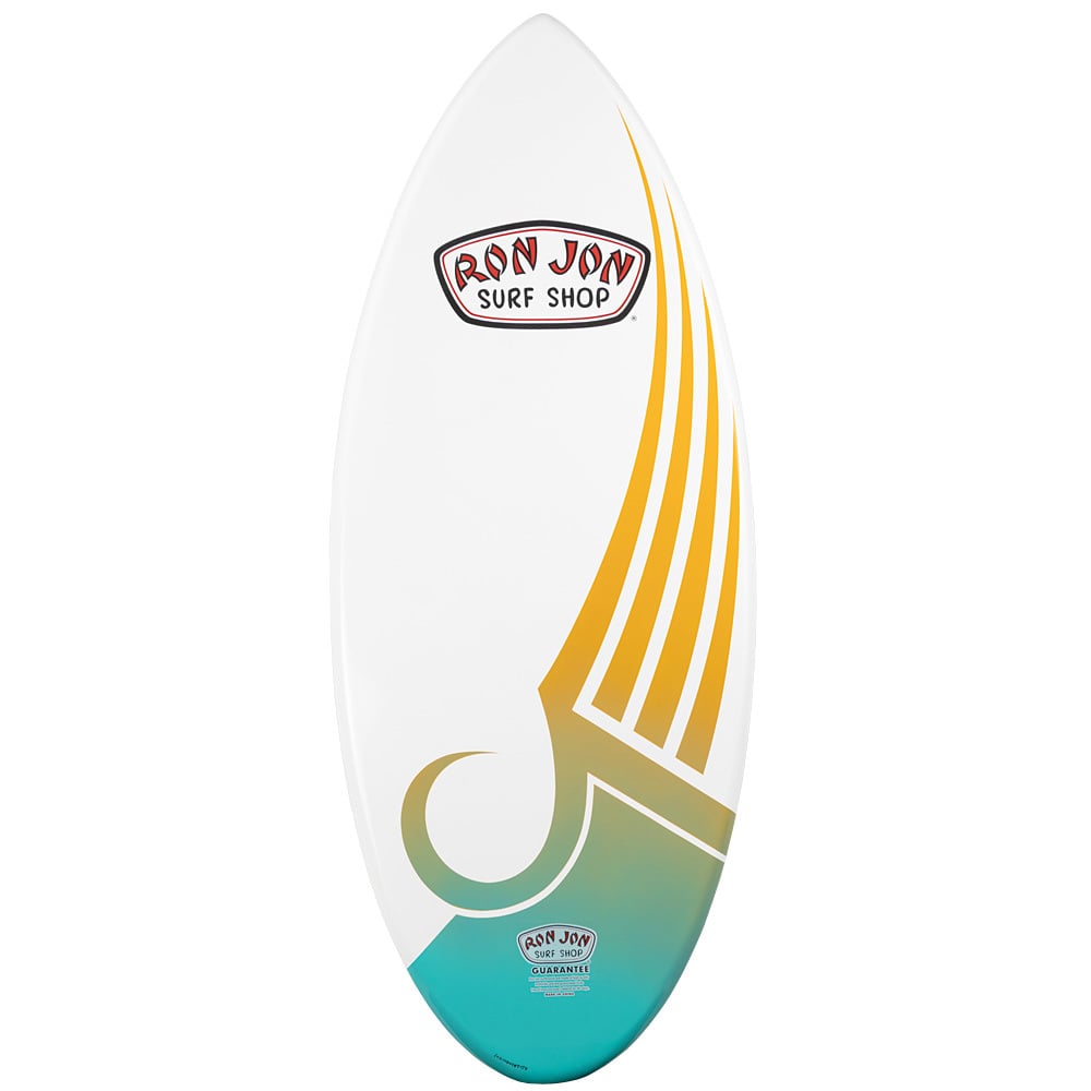 A white skimboard with the Ron Jon Surf Shop logo and yellow and teal graphic designs.