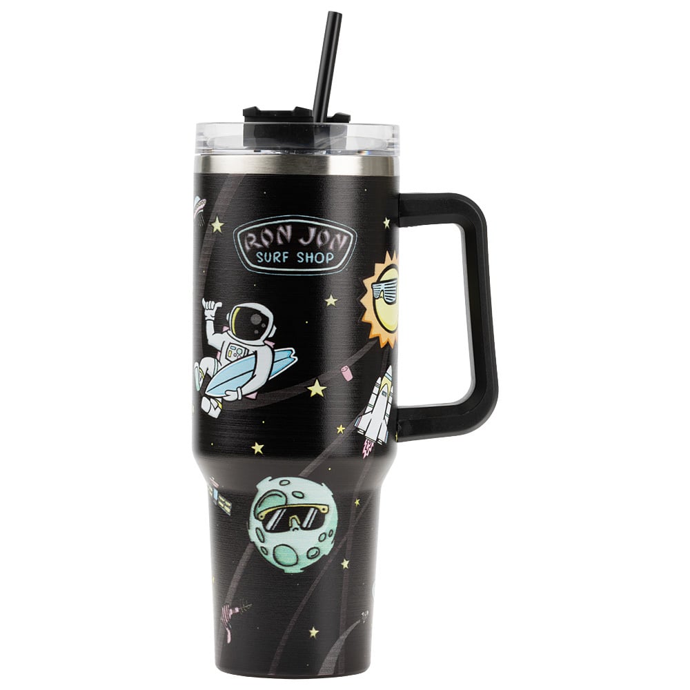 A black travel tumbler with a handle, straw, and lid, decorated with cartoon astronauts, a sun, a planet, and Ron Jon Surf Shop logo.