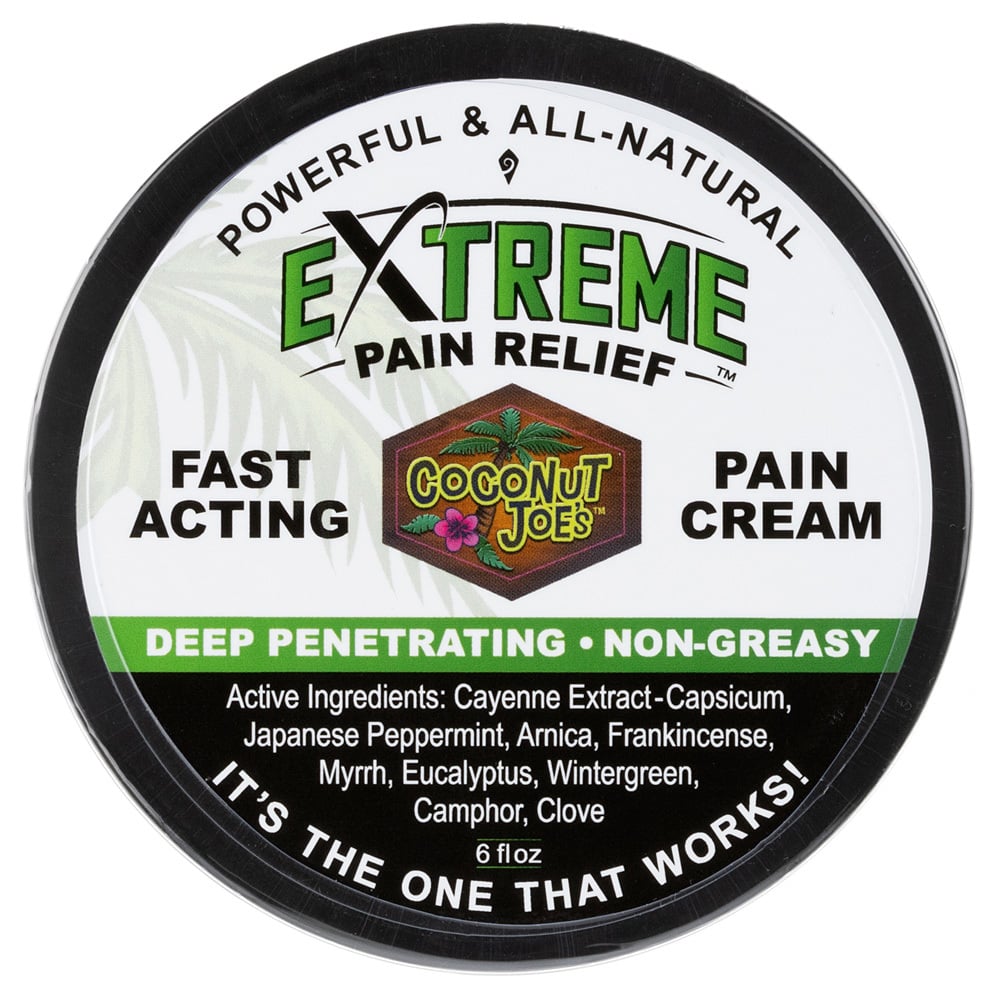 Round container labeled Extreme Pain Relief, fast-acting and non-greasy. Includes ingredients like cayenne, peppermint, arnica. Its the one that works! 6 fl oz.