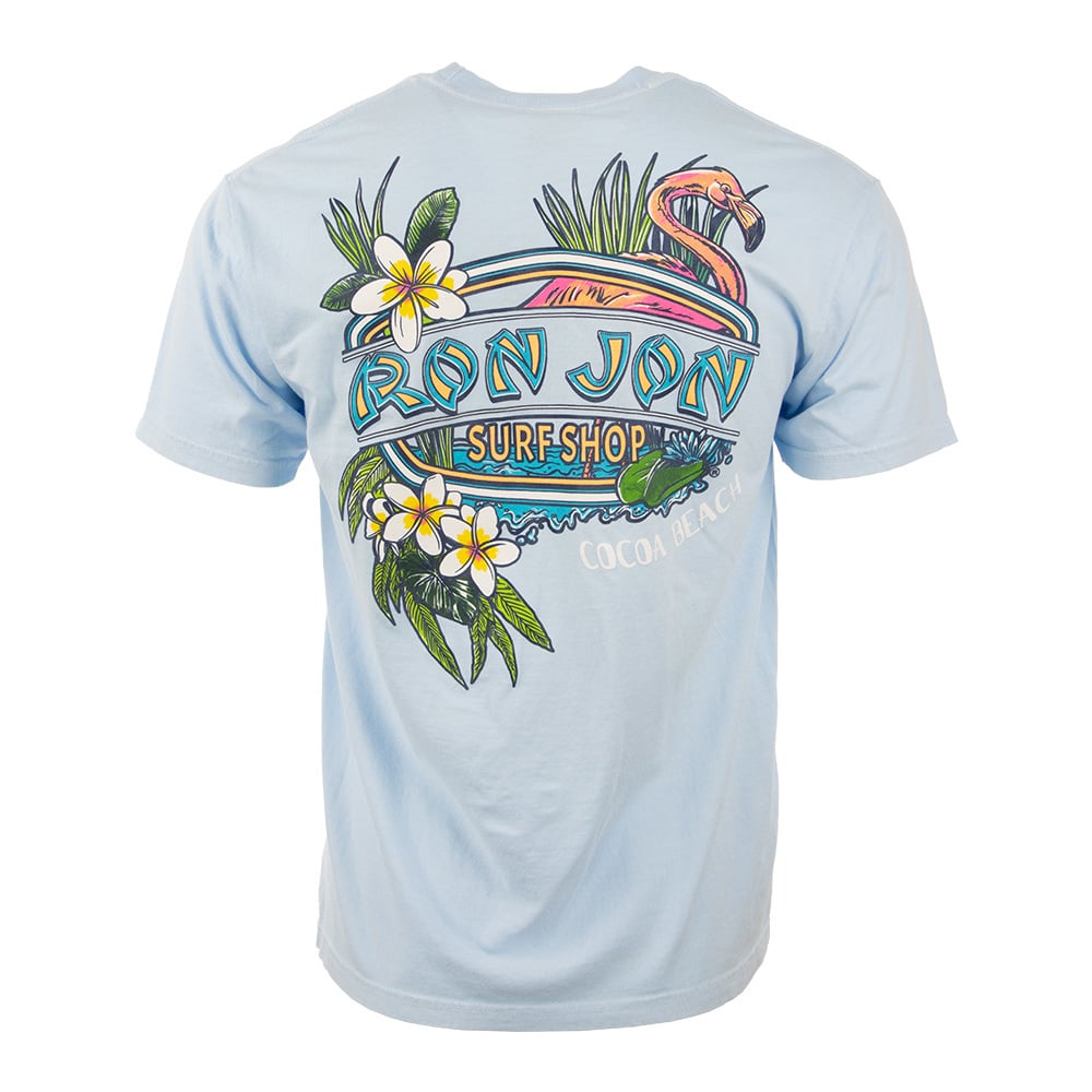 Light blue t-shirt featuring a graphic design with a flamingo, flowers, and the text Ron Jon Surf Shop and Cocoa Beach.