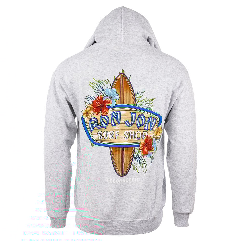 Gray hoodie with Ron Jon Surf Shop and a surfboard design on the back, surrounded by colorful flowers.