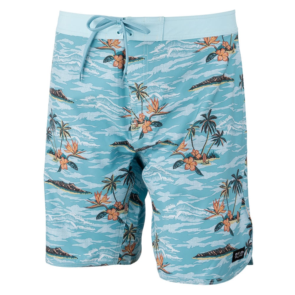 Light blue board shorts featuring a tropical pattern with palm trees and flowers, tied at the waist with a matching drawstring.