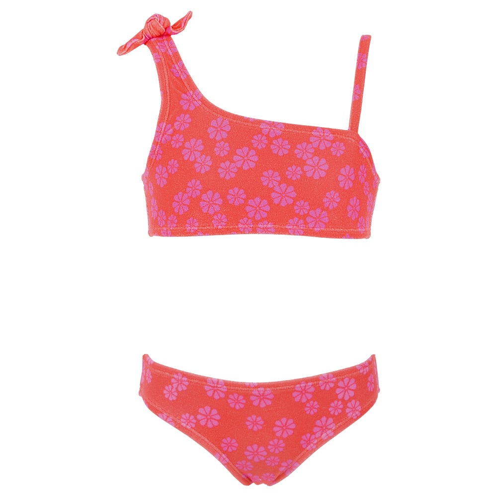 Red floral-patterned bikini with one-shoulder top featuring a small bow and matching bottoms on a plain white background.