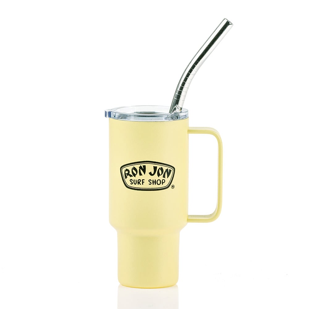 Yellow travel mug with a handle, featuring a Ron Jon Surf Shop logo. It has a transparent lid and a metal straw inserted.
