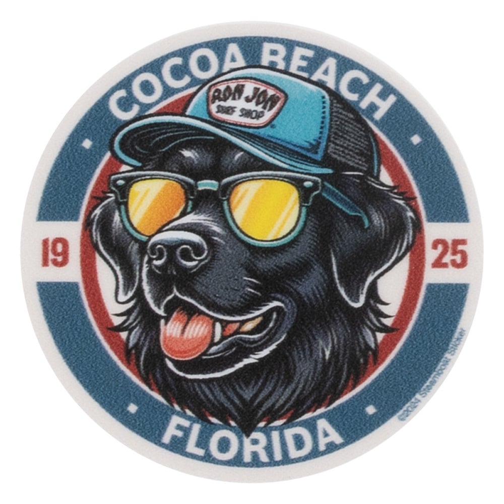 Circular logo featuring a black dog wearing sunglasses and a blue cap labeled Ron Jon Surf Shop, with text reading Cocoa Beach Florida 1925.