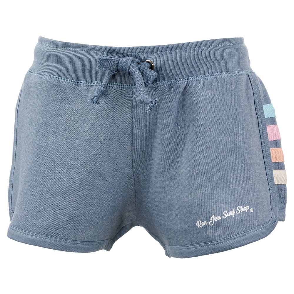 Light blue shorts with a drawstring waistband, featuring colorful side stripes and white text that reads Ron Jon Surf Shop.