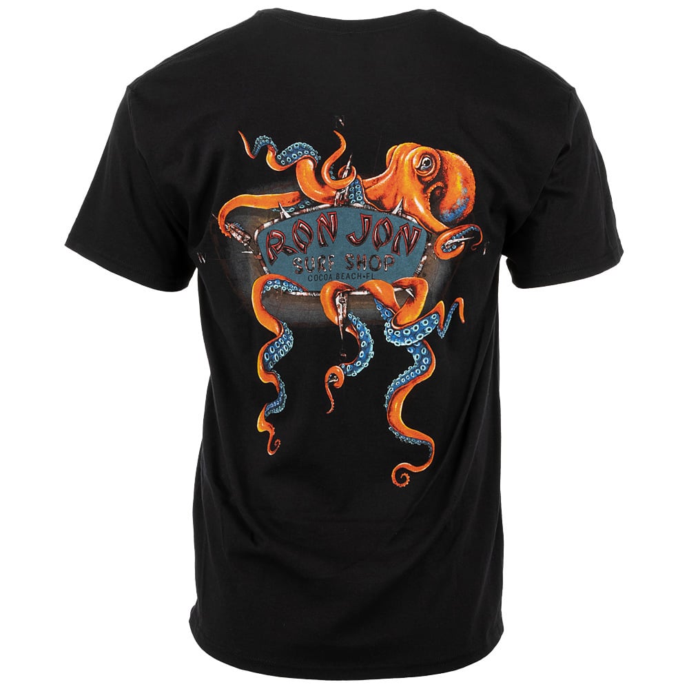 Black T-shirt featuring a large orange octopus graphic and Ron Jon Surf Shop Cocoa Beach, FL text on the back.