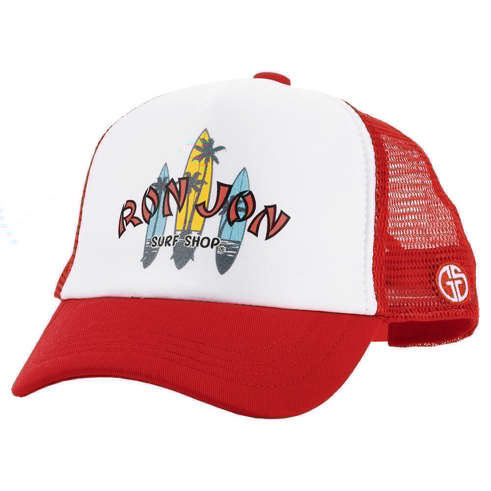 Red and white trucker hat with Ron Jon Surf Shop and surfboard graphics on the front. Red mesh back and adjustable strap.