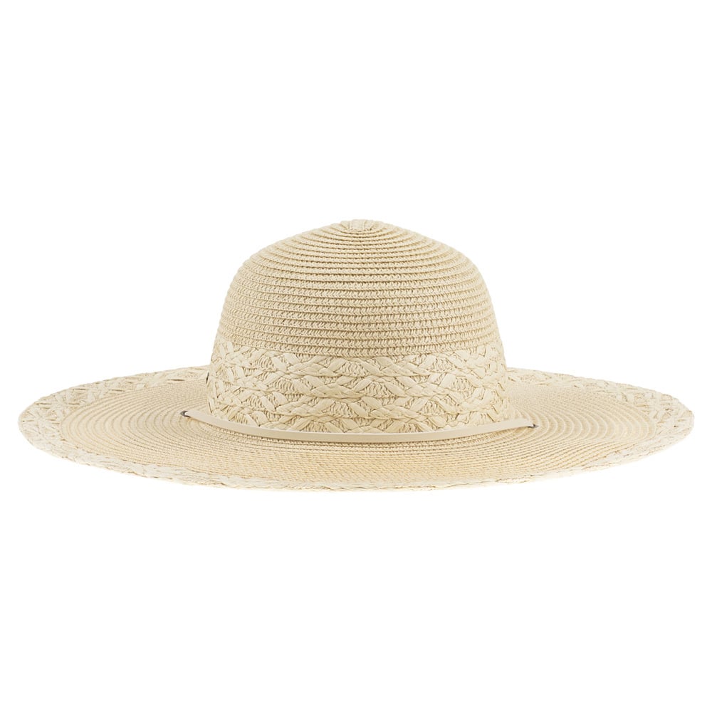 A beige woven sun hat with a wide brim and textured band.