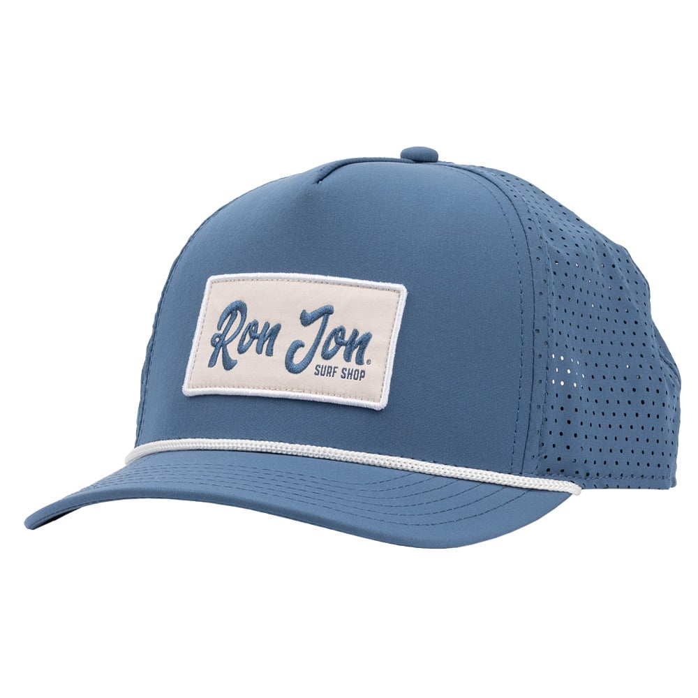 Blue mesh snapback hat with a white rectangular patch on the front that reads Ron Jon Surf Shop in blue script.