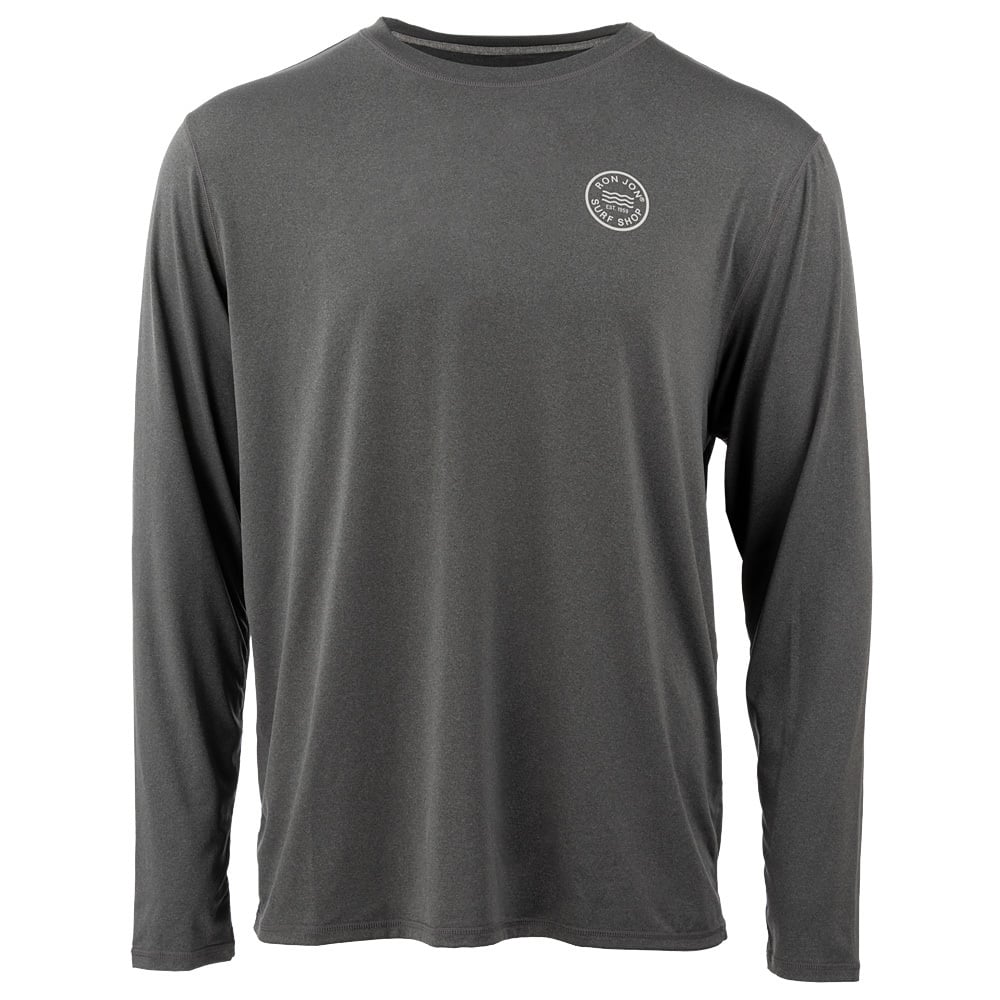 Dark gray long-sleeve rash guard with a small circular logo on the upper left chest area.