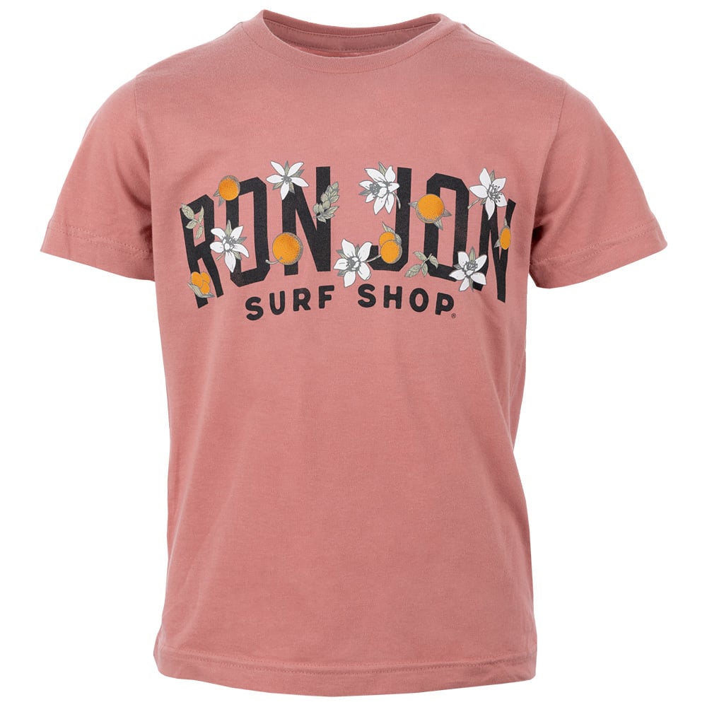 Dusty pink t-shirt with Ron Jon Surf Shop text in black, adorned with white flowers and orange illustrations.