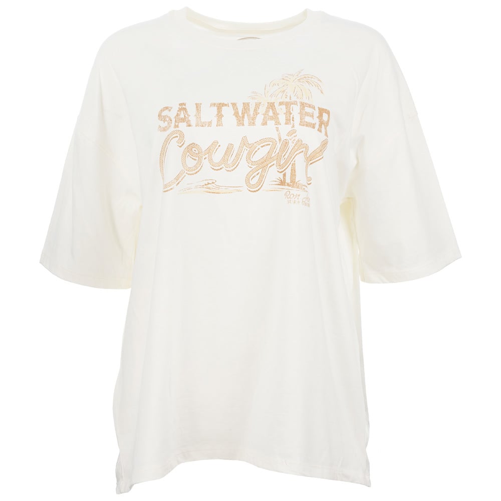 A white t-shirt with short sleeves featuring the text Saltwater Cowgirl and a palm tree graphic in beige on the front.