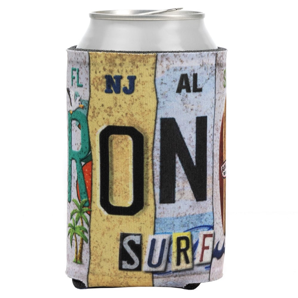 A beverage can inside a holder decorated with designs resembling colorful license plates and the word SURF spelled out at the bottom.