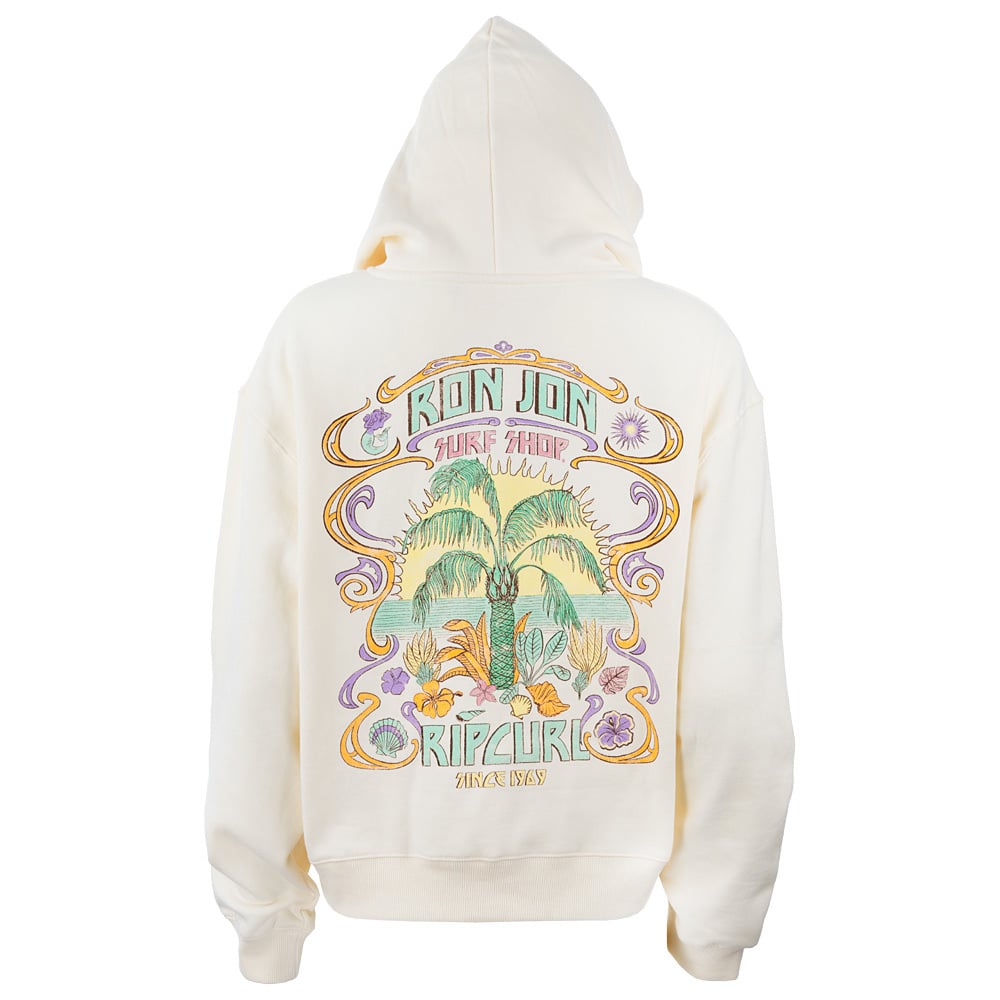 Beige hoodie featuring a colorful graphic on the back with Ron Jon Surf Shop, palm trees, and Rip Curl in decorative text.