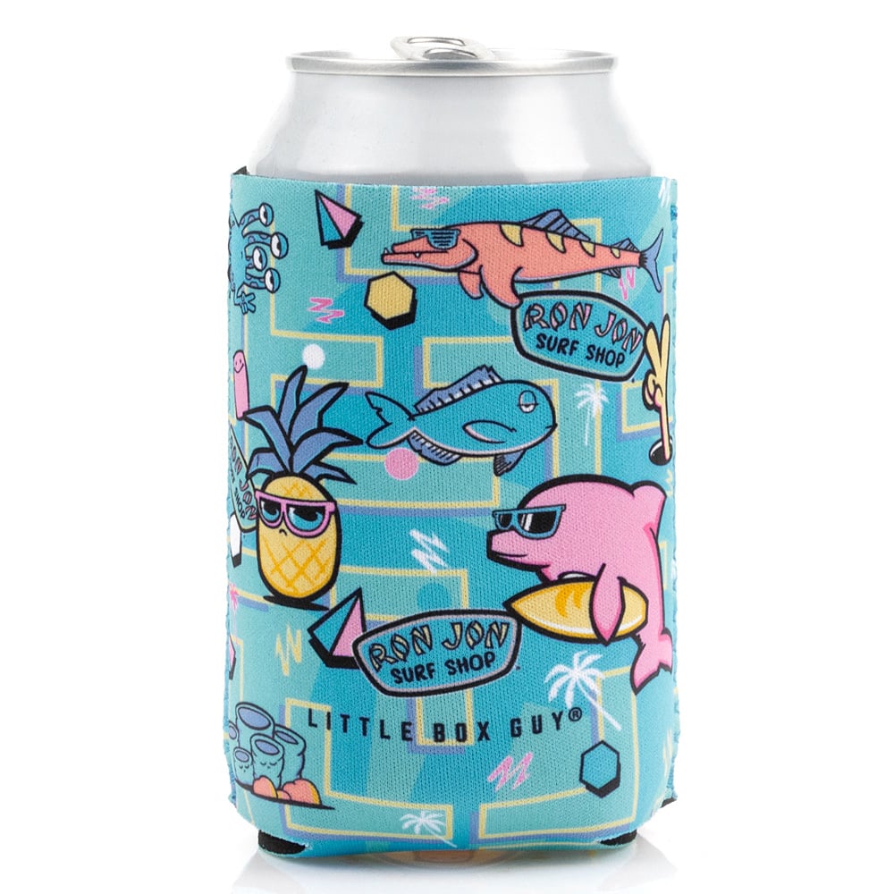 A beverage can in a colorful coozie with cartoon-style graphics, including a pineapple, sharks, and retro designs, accompanied by text and logos.