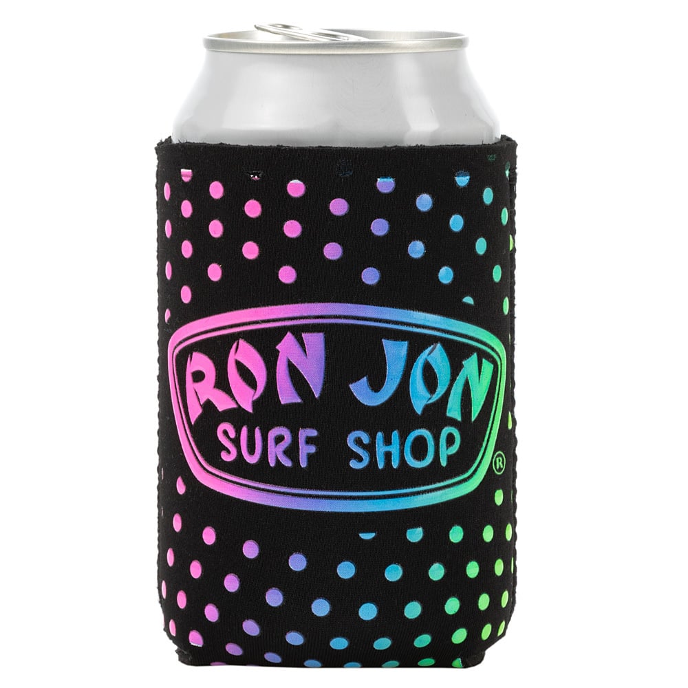 A can in a black Ron Jon Surf Shop coozie with a colorful gradient logo and polka dot pattern.