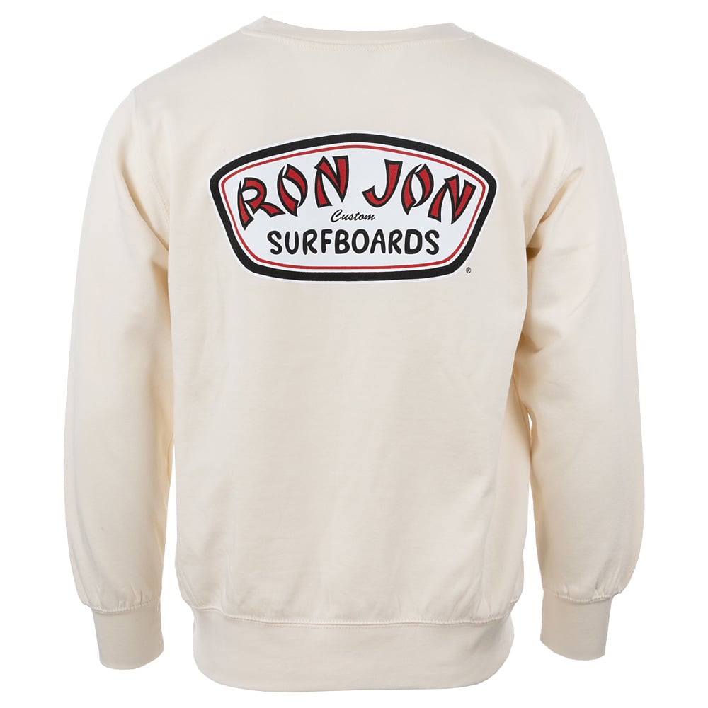 Beige sweatshirt featuring a large Ron Jon Surfboards logo on the back.