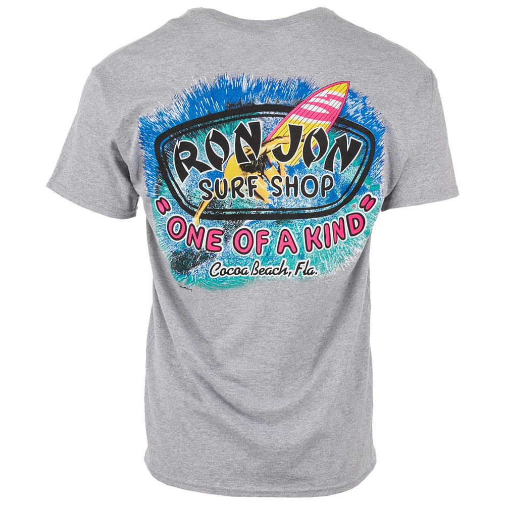 Back view of a gray T-shirt featuring a colorful Ron Jon Surf Shop One of a Kind Cocoa Beach, Fla. graphic with a surfboard design.