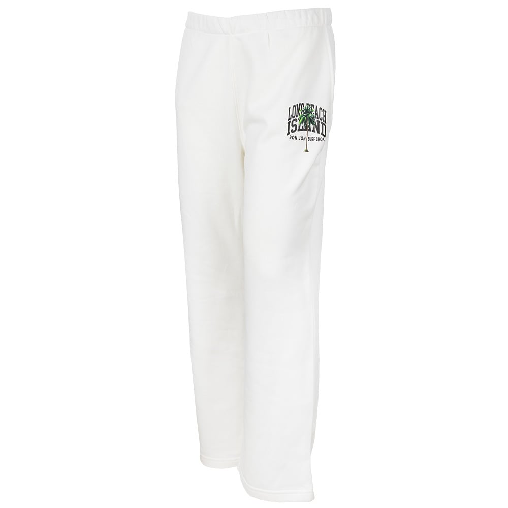 White sweatpants with an elastic waistband and a small logo and text on the left thigh.