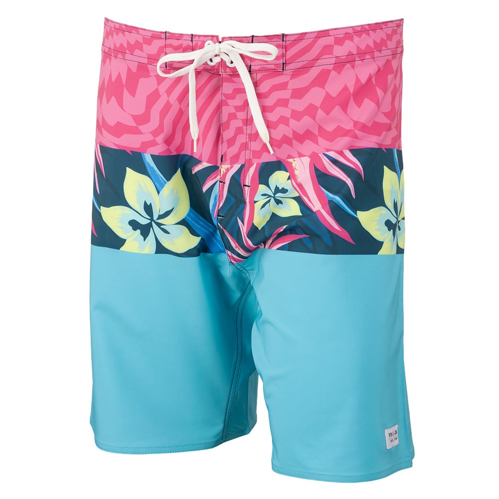 Colorful board shorts with a pink zigzag pattern, floral middle band, and blue lower section. Features a white drawstring and a small white patch at the bottom.
