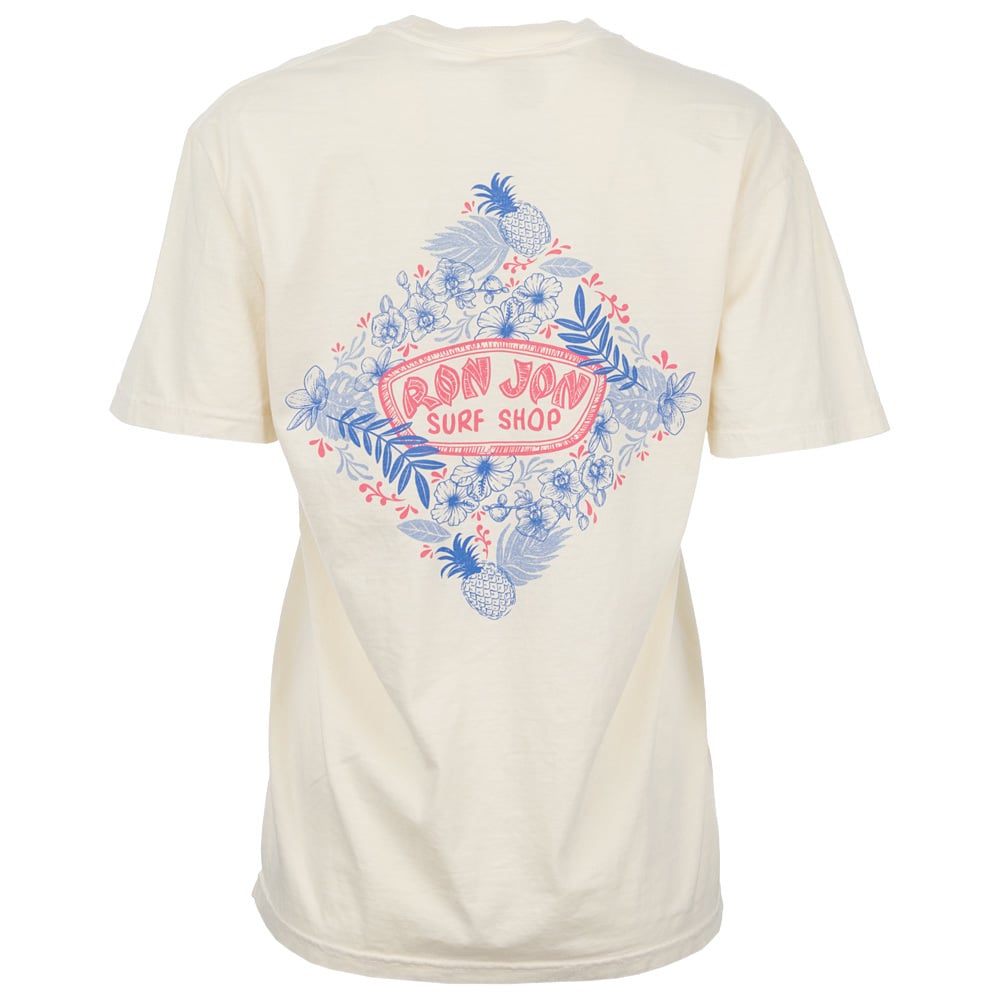 Light cream Ron Jon Surf Shop t-shirt with a large back graphic of flowers, leaves, and pineapples in blue and pink around the shop’s logo.