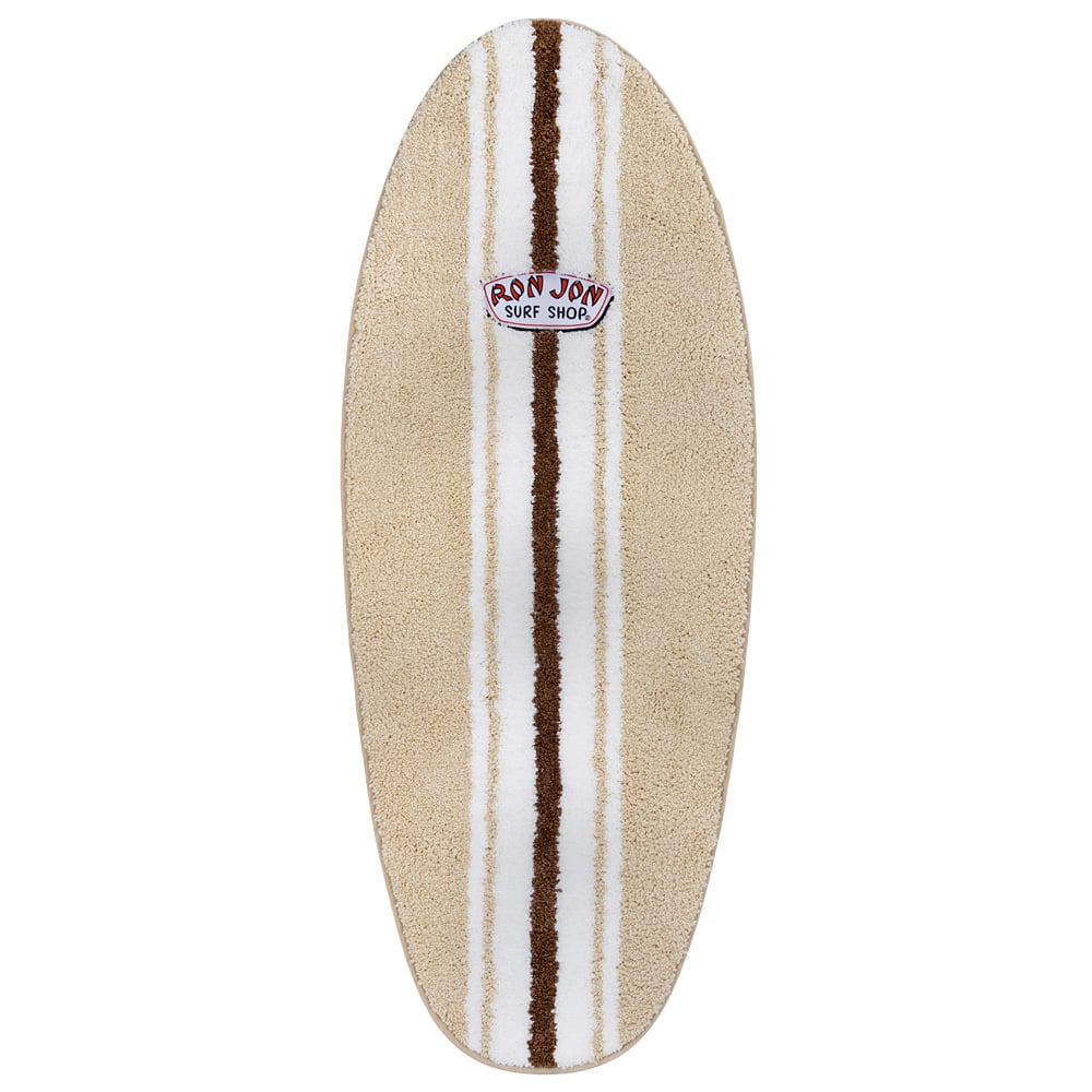 A beige oval rug with two brown and one white vertical stripe, featuring a Ron Jon Surf Shop logo at the top center.