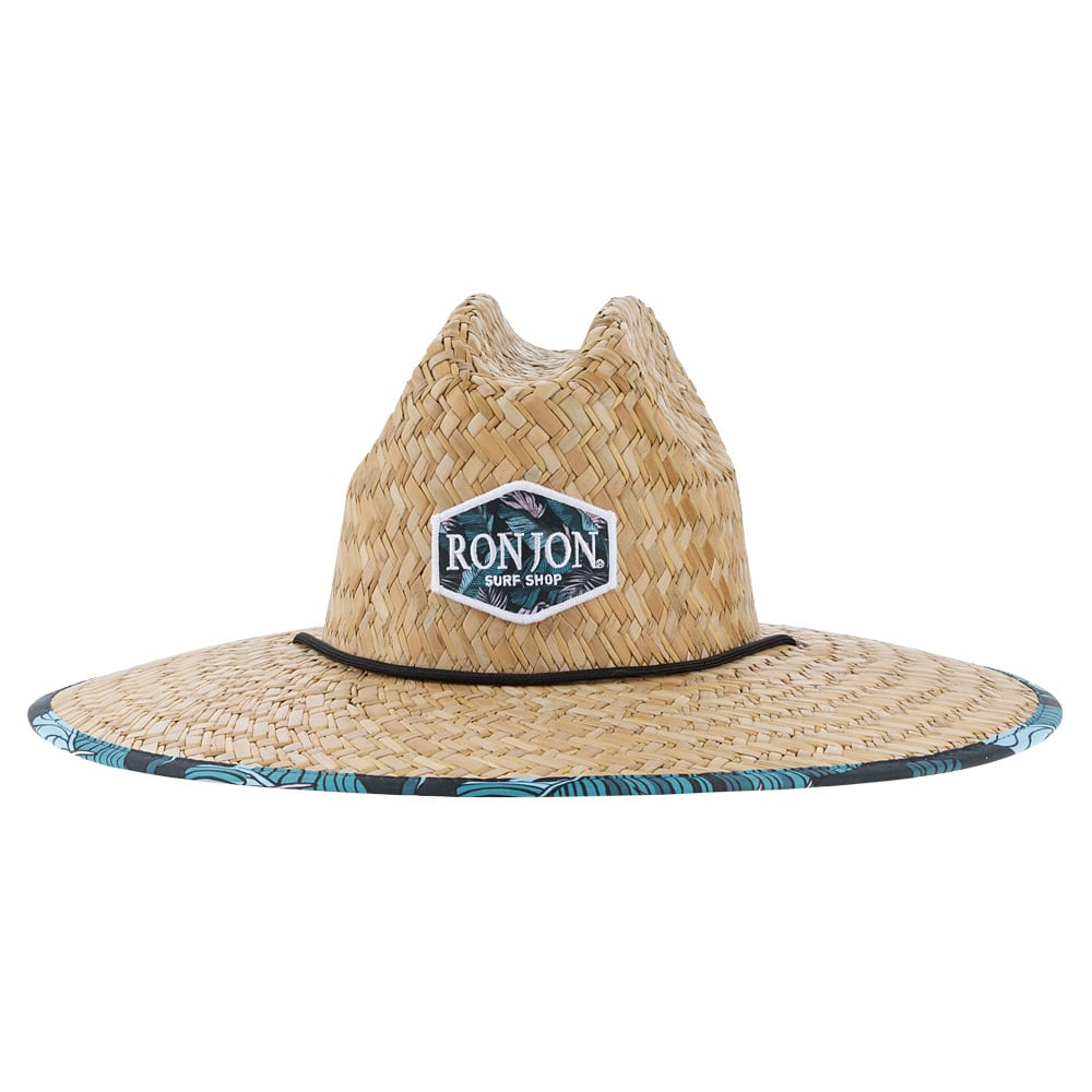 A wide-brimmed straw hat with a hexagonal Ron Jon Surf Shop logo patch on the front and a patterned trim around the edge of the brim.